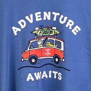 Life Is Good Adventure Awaits Blue Short Sleeve Graphic T Shirt Surf Bike Large